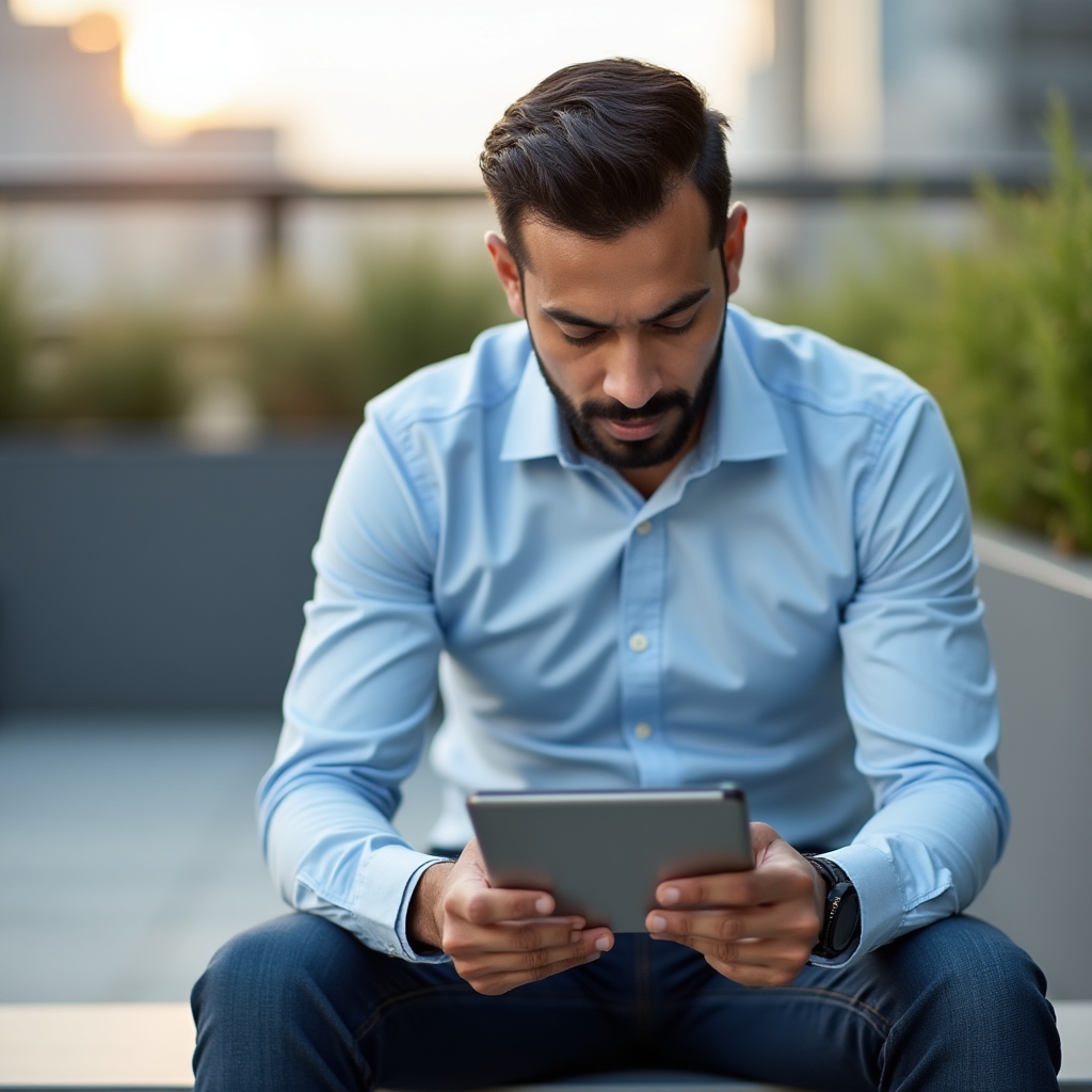 Persona che legge FAQ finanziarie su tablet in ambiente luminoso