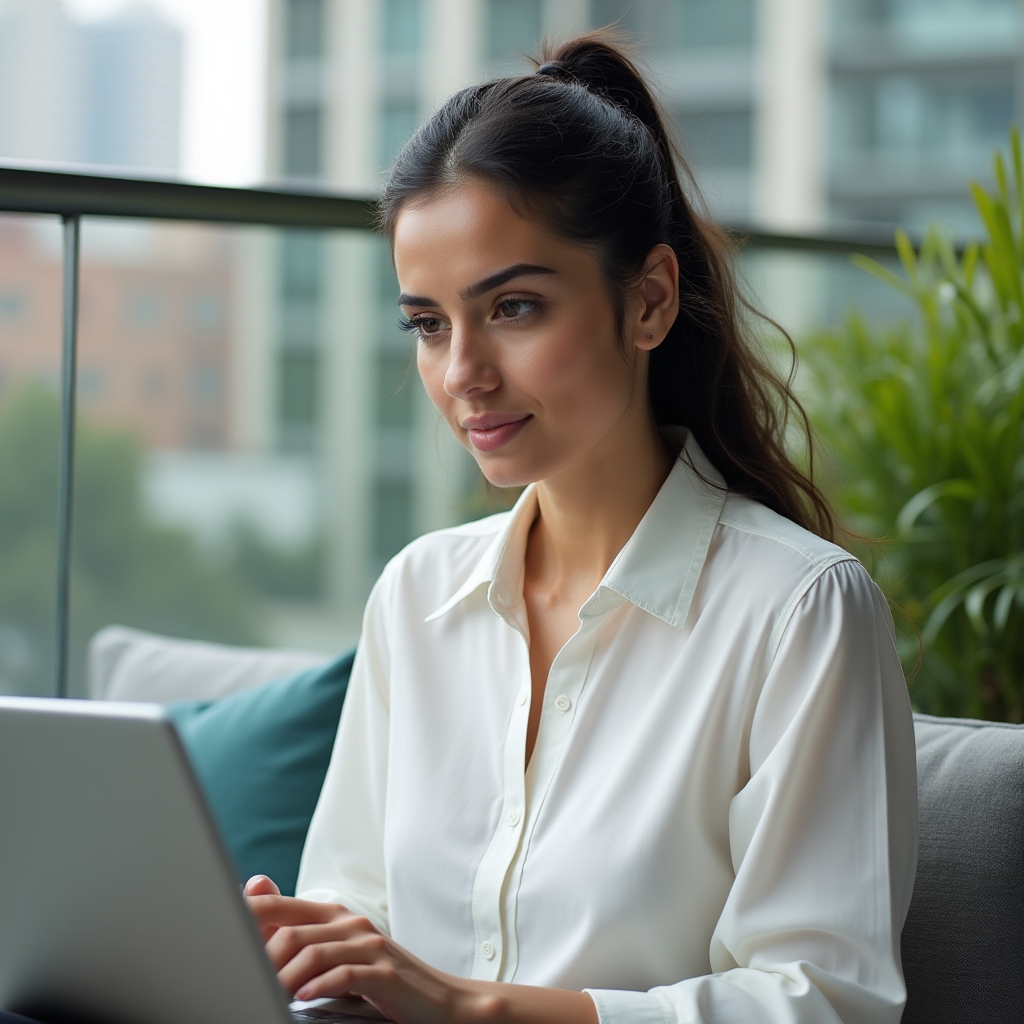 Lavoratrice autonoma che consulta risorse finanziarie sul laptop