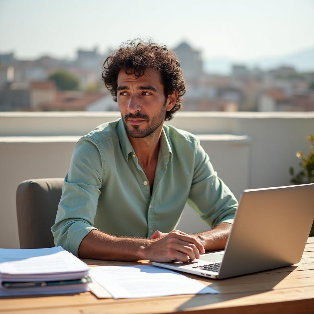 Microimprenditore alla scrivania con documenti organizzati e laptop