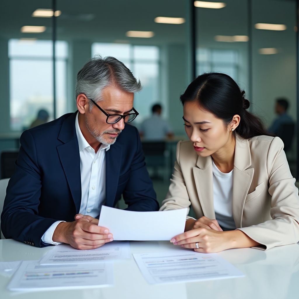 Incontro tra commercialista e cliente autonomo in ufficio moderno